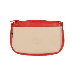 Porte monnaie beige et rouge en cuir - de face