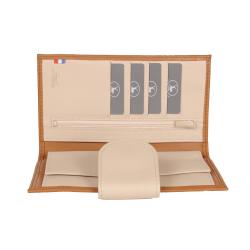 Porte monnaie camel en cuir avec patte